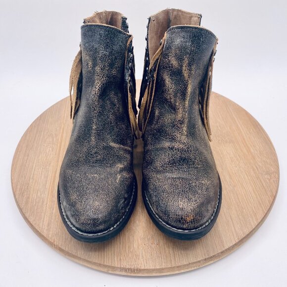 Circle G Boots Womens 6 Beige Leather Pull On Ankle Fringe Western Studded - Picture 2 of 11